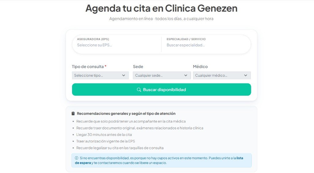Portal de autoagendamiento clínico GEN.AI: el paciente elige EPS, especialidad, sede y médico desde web o móvil, disponible las 24 horas